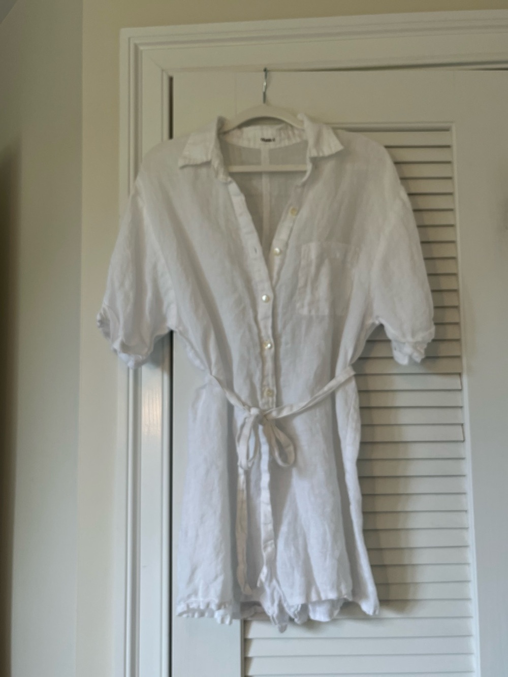 Vitamin A White Linen Beach Romper with Tonal Belt